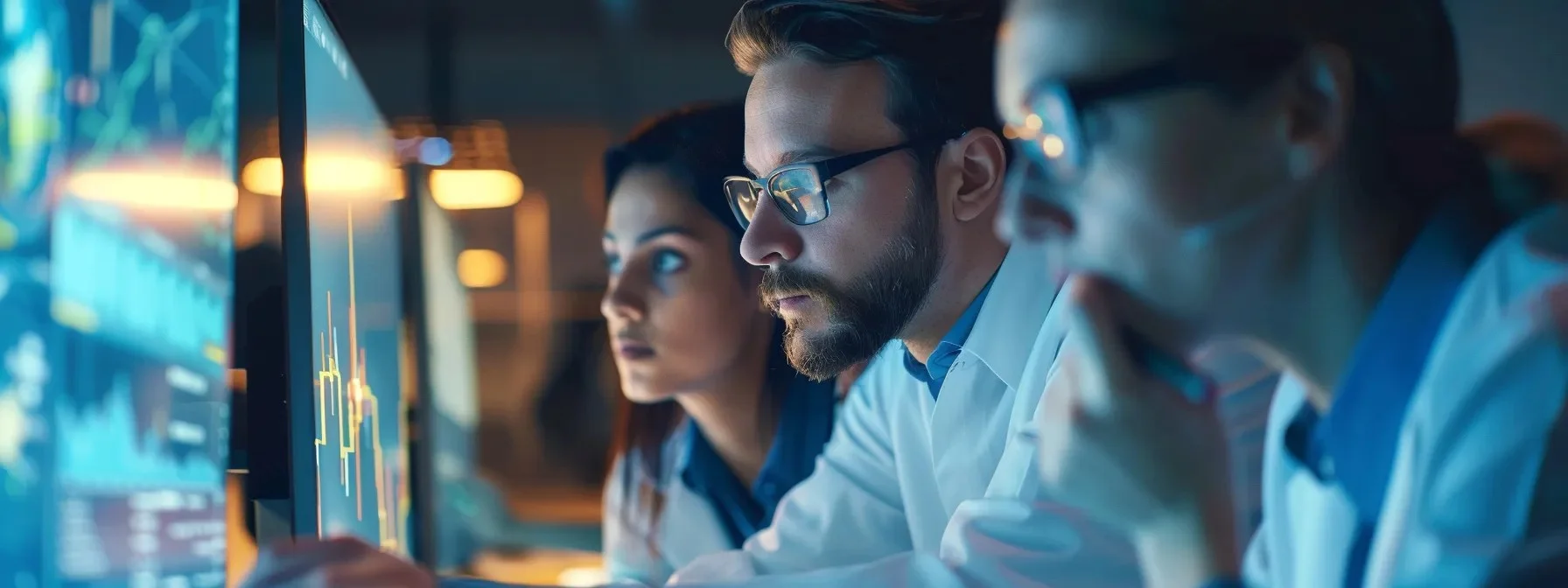 Three business professionals reviewing whitespace analysis for business