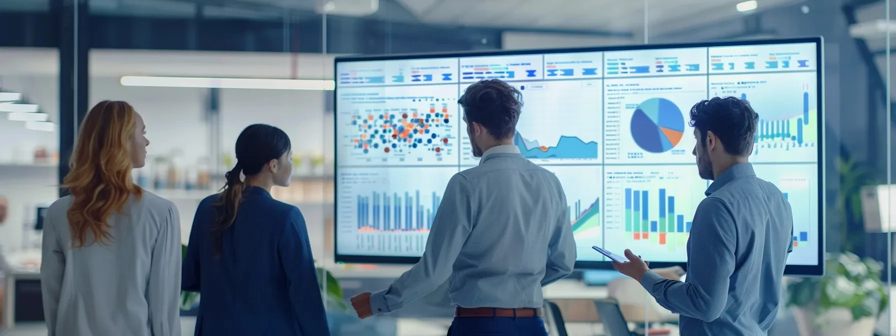 Business professionals discussing whitespace analysis for business in front of a large monitor